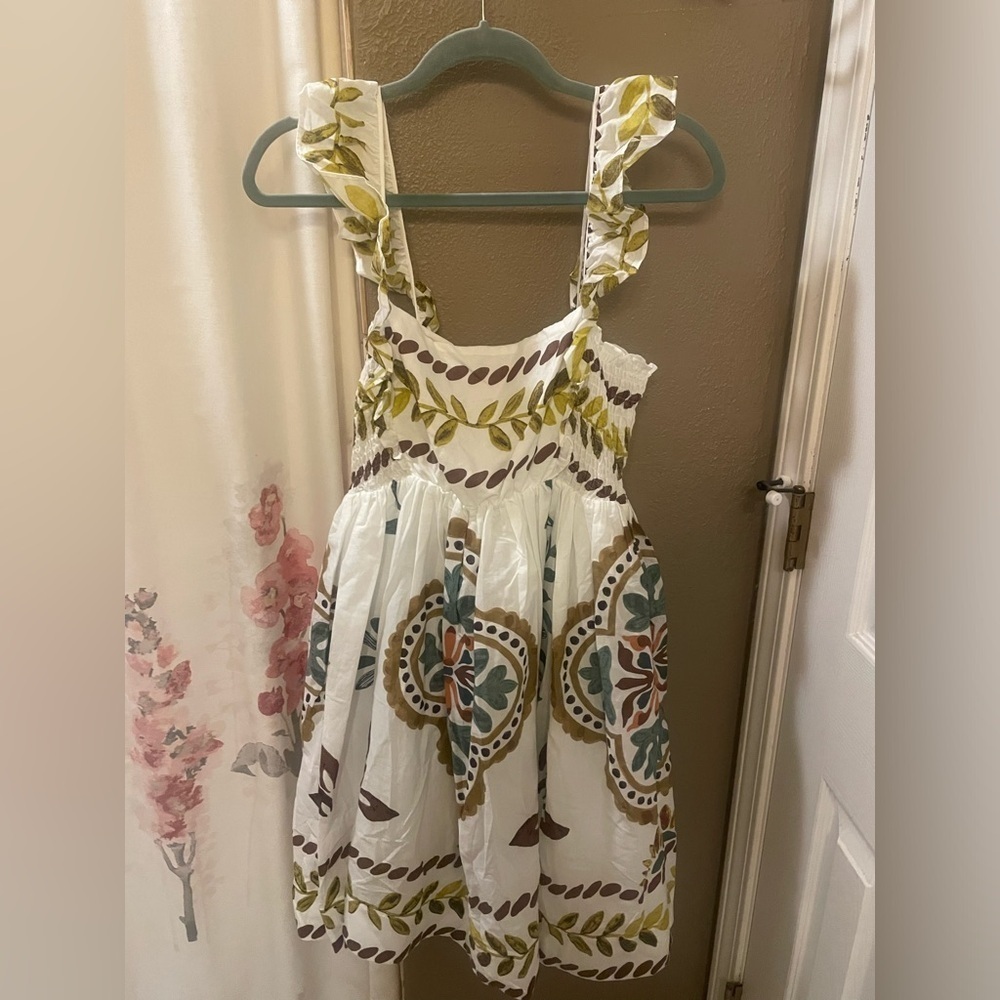 Anthropologie Ruffle-Sleeve Square-Neck Mini Dress Color:NEUTRAL MOTIF Large NWT - Picture 5 of 7